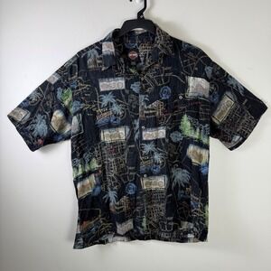 Harley Davidson Mens Linen Blend Allover Print Button Front Hawaiian Shirt Large